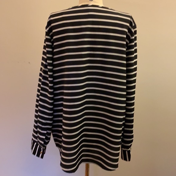 Calvin Klein Black and White Stripe Blouse Size L Pockets Zip Front Roll Sleeves - Picture 9 of 11